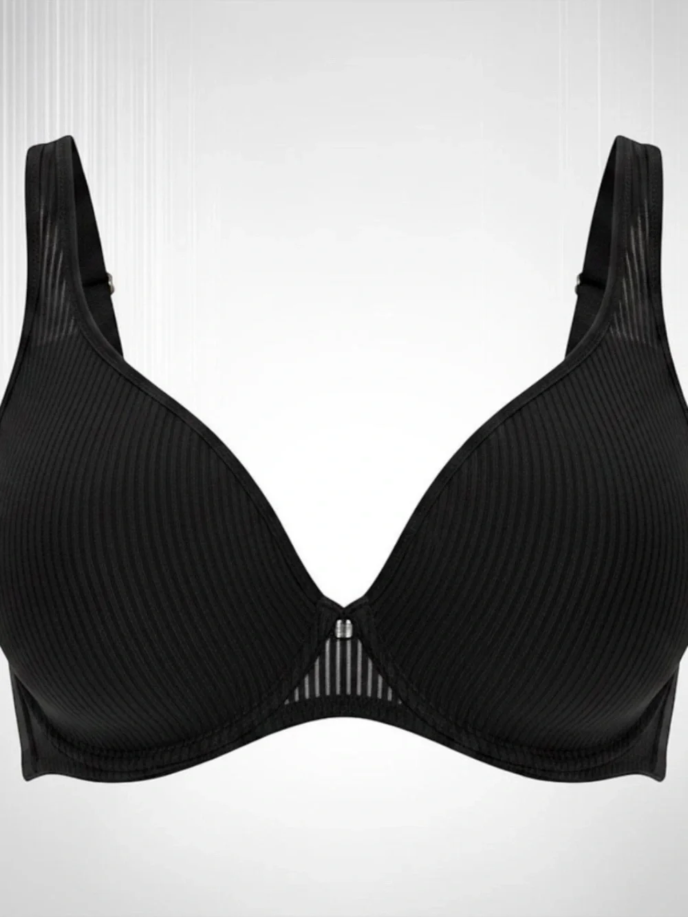 Women's Black Ribbed Underwire Bra with Sheer Center Detail